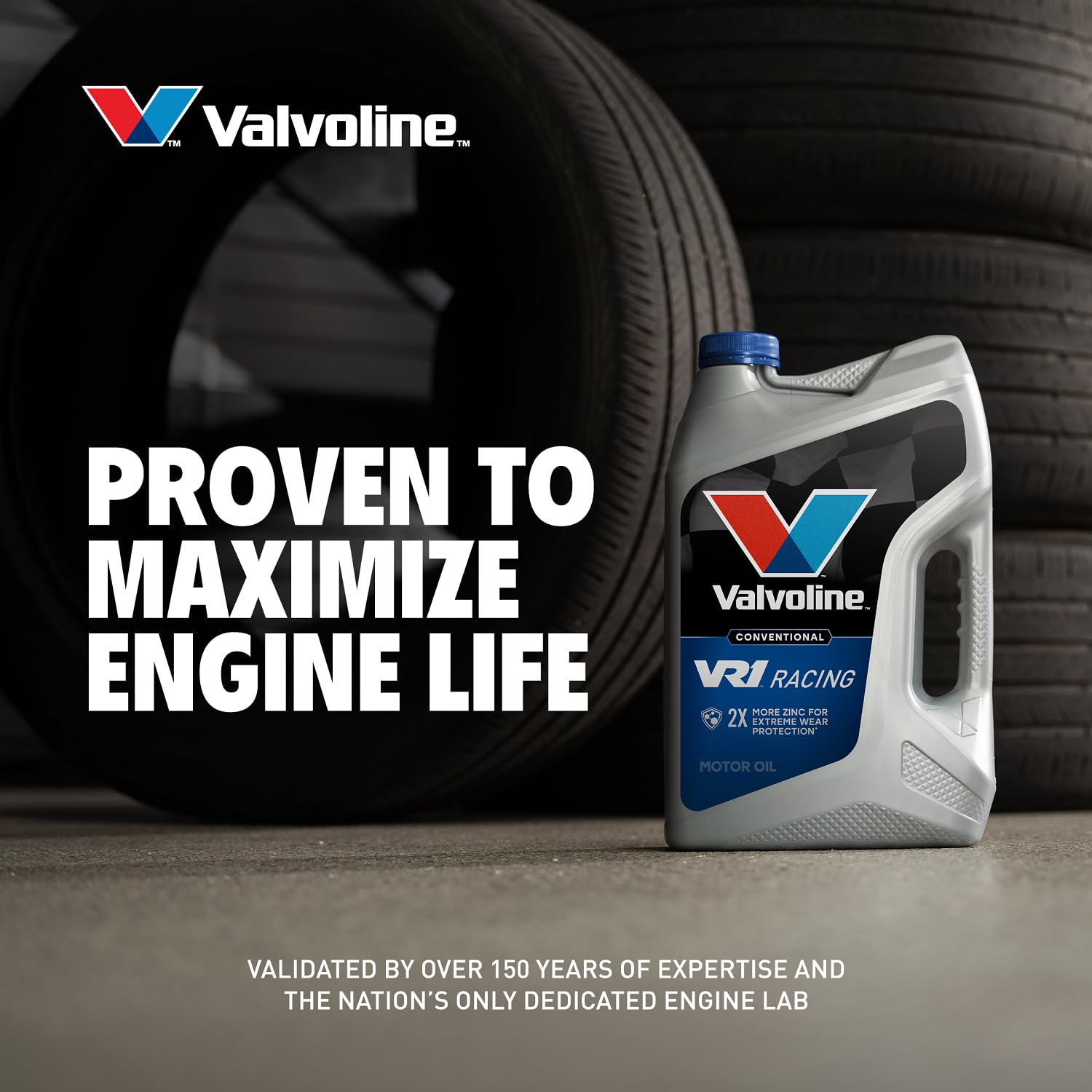 Valvoline VR1 on a workbench in a garage setting for racing preparation