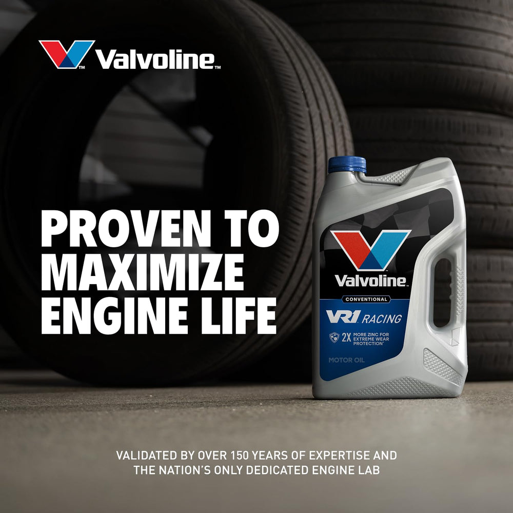 Valvoline VR1 on a workbench in a garage setting for racing preparation