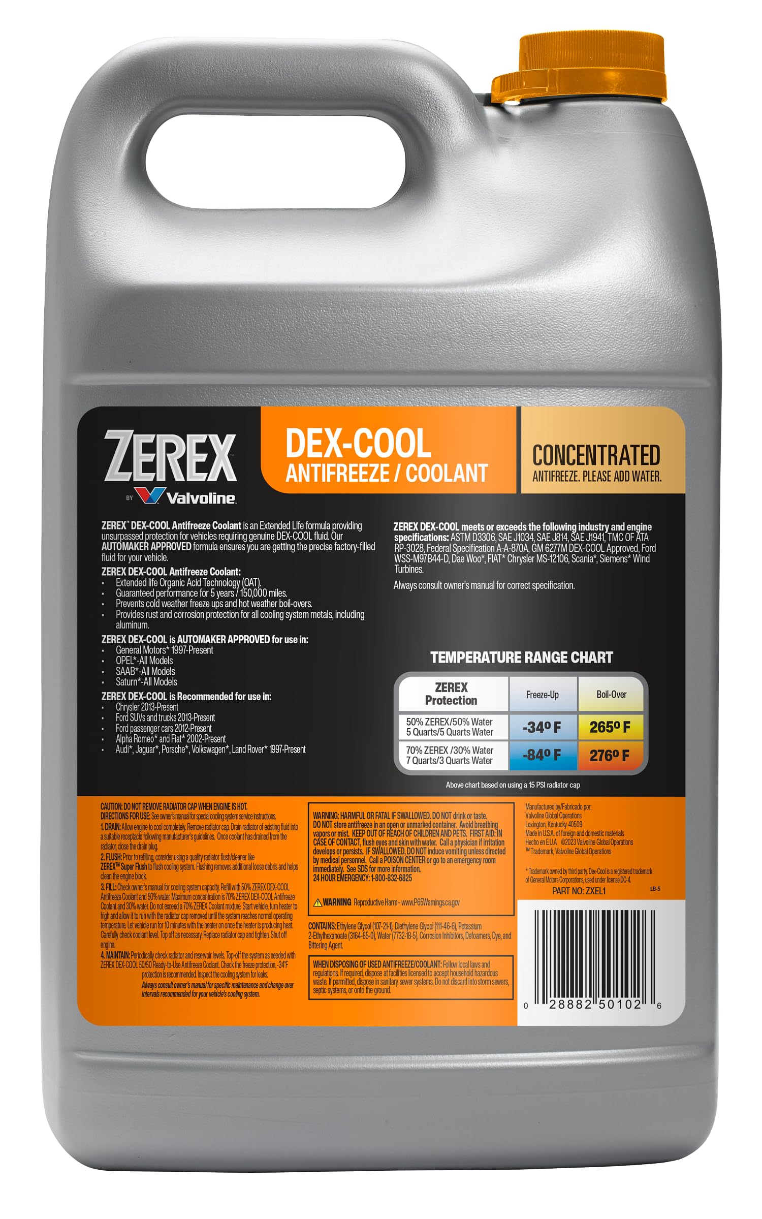 Valvoline Zerex close-up of label details and approvals