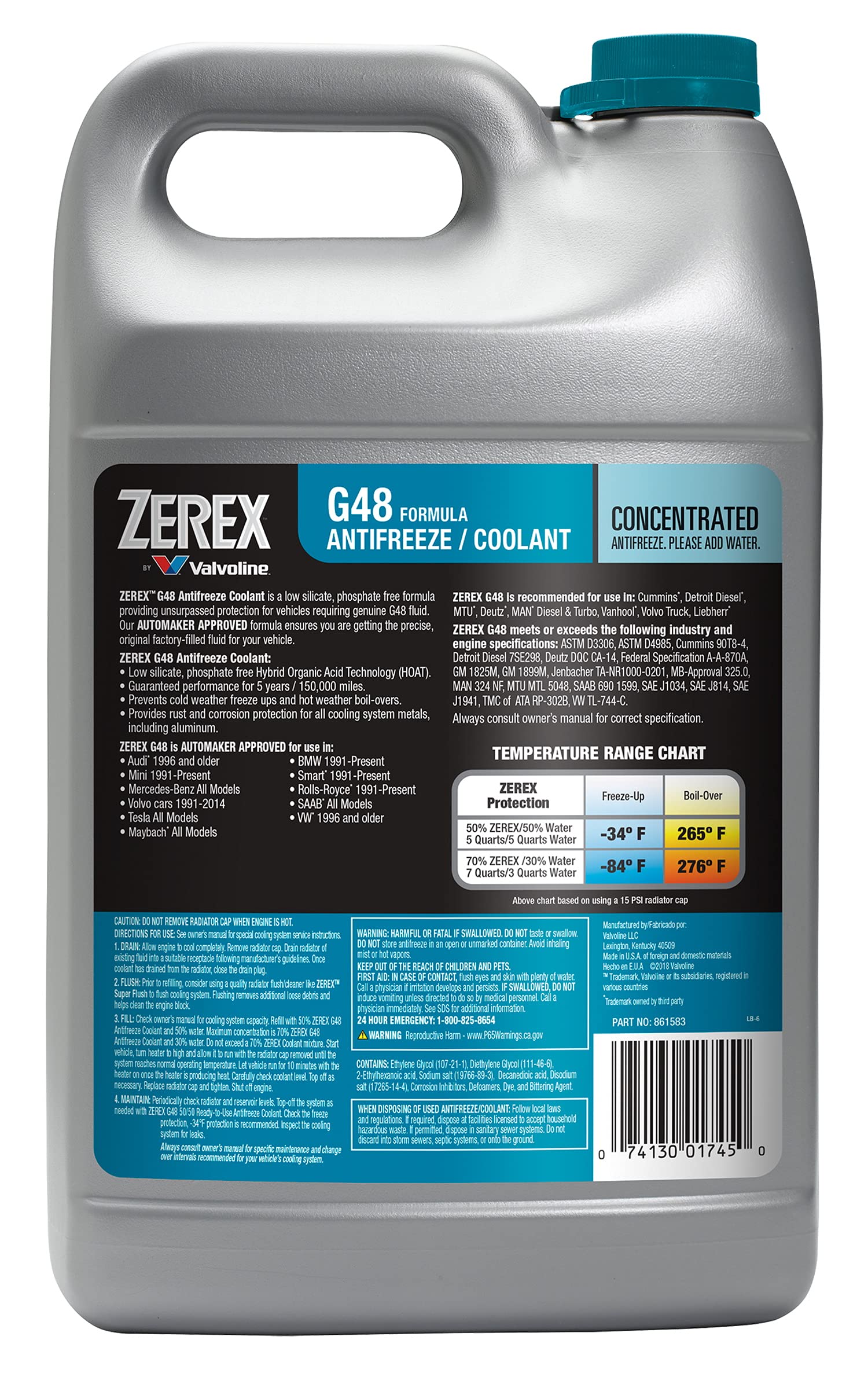 Valvoline Zerex G48 close-up of label and coolant color highlighting corrosion protection
