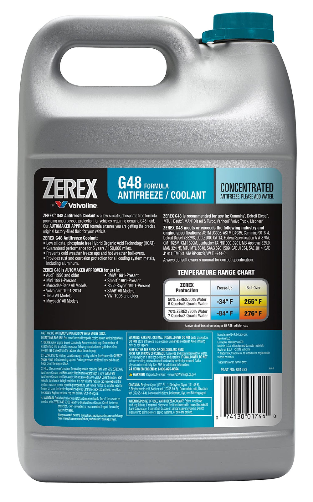 Valvoline Zerex G48 close-up of label and coolant color highlighting corrosion protection