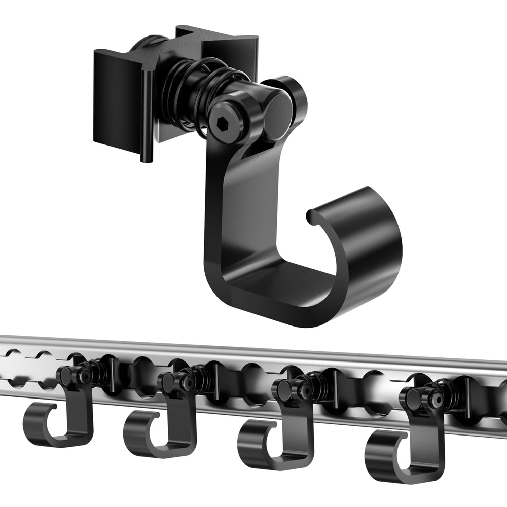 vandrabase front view of four black l track hooks showing compact durable design