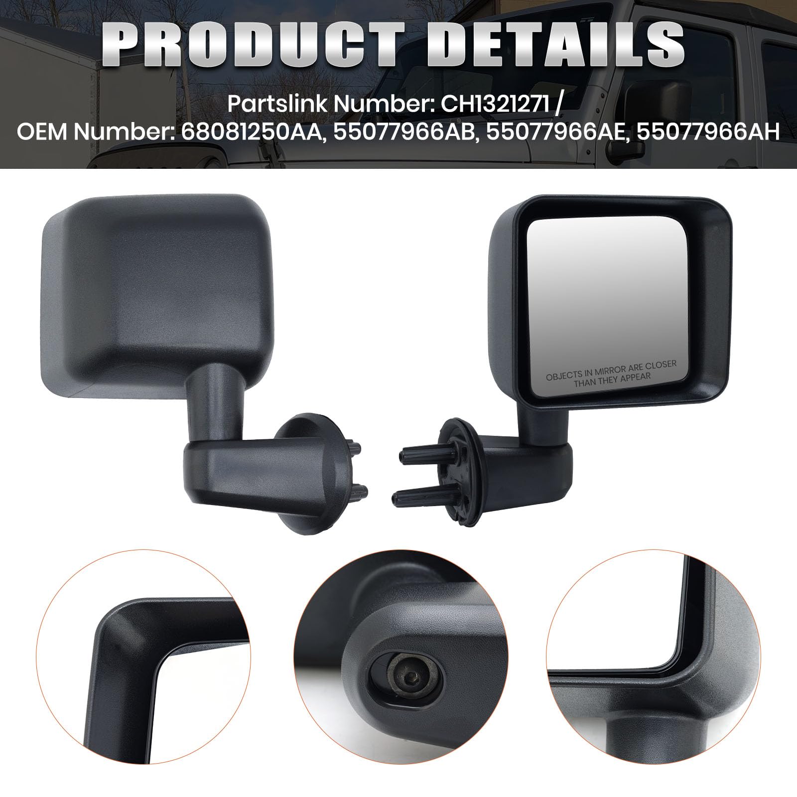 VANLOGY mirror mounted on Jeep Wrangler JK passenger side confirming fit