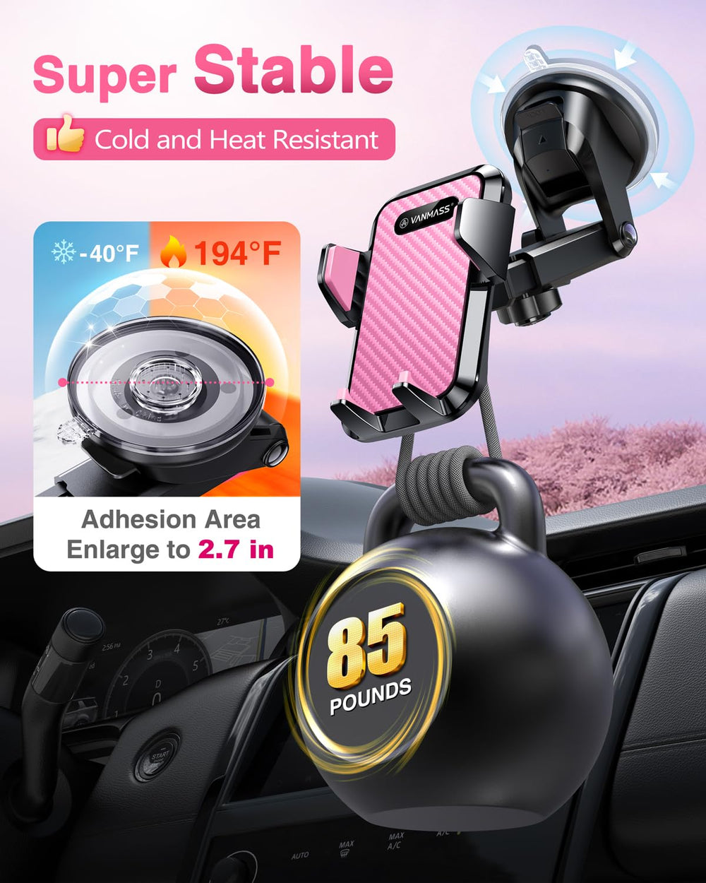VANMASS vent clip detail with silicone pads protecting vent and secure hold