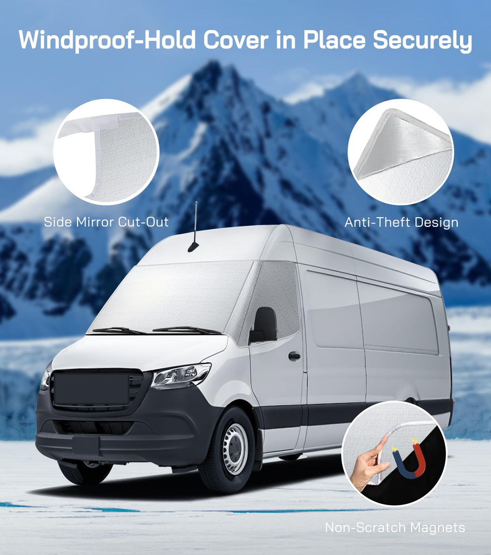 VANNCAMP installed on Mercedes Sprinter exterior showing sun and weather blocking