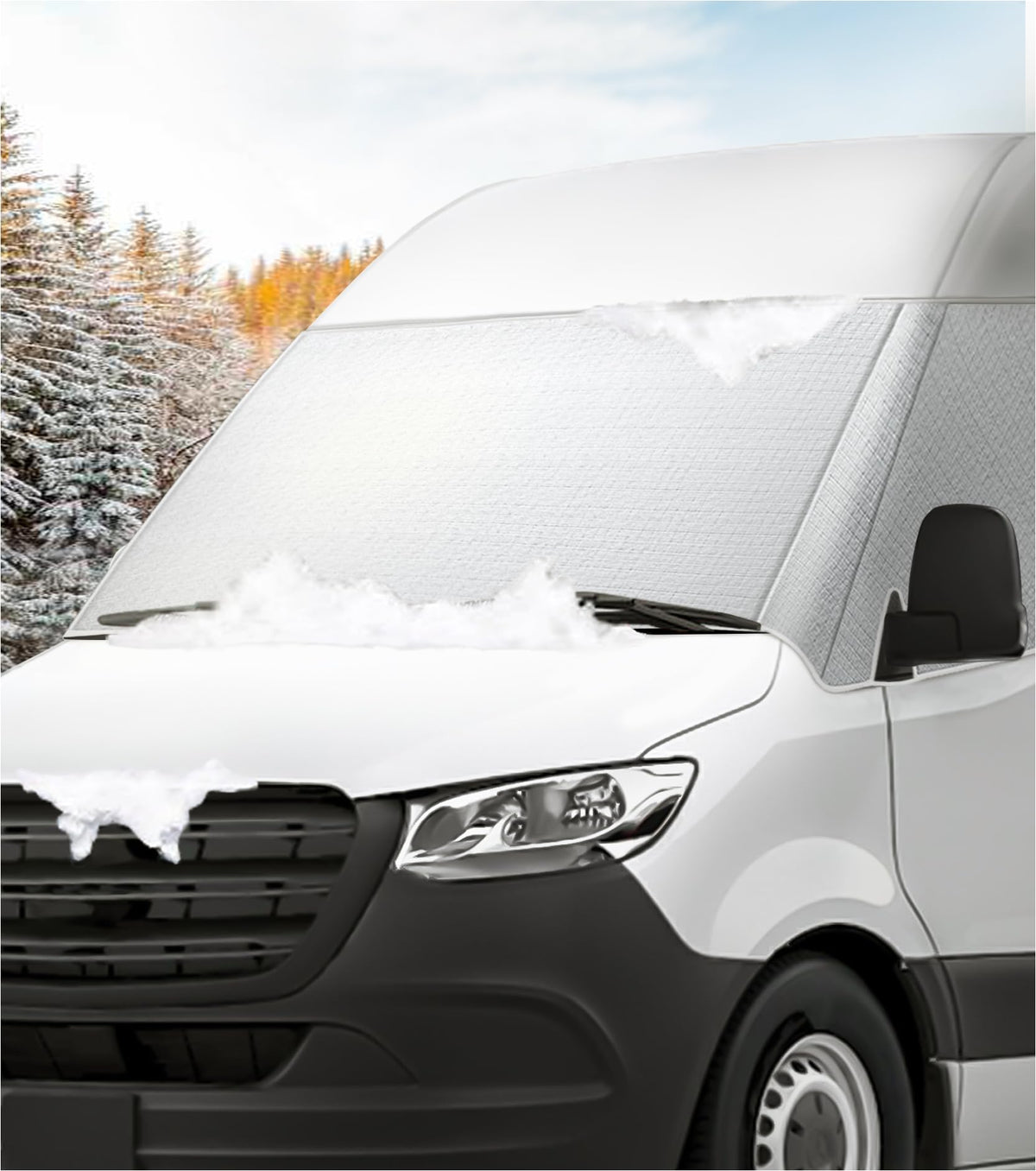 VANNCAMP front view of cover on Sprinter showing full windshield protection and fit