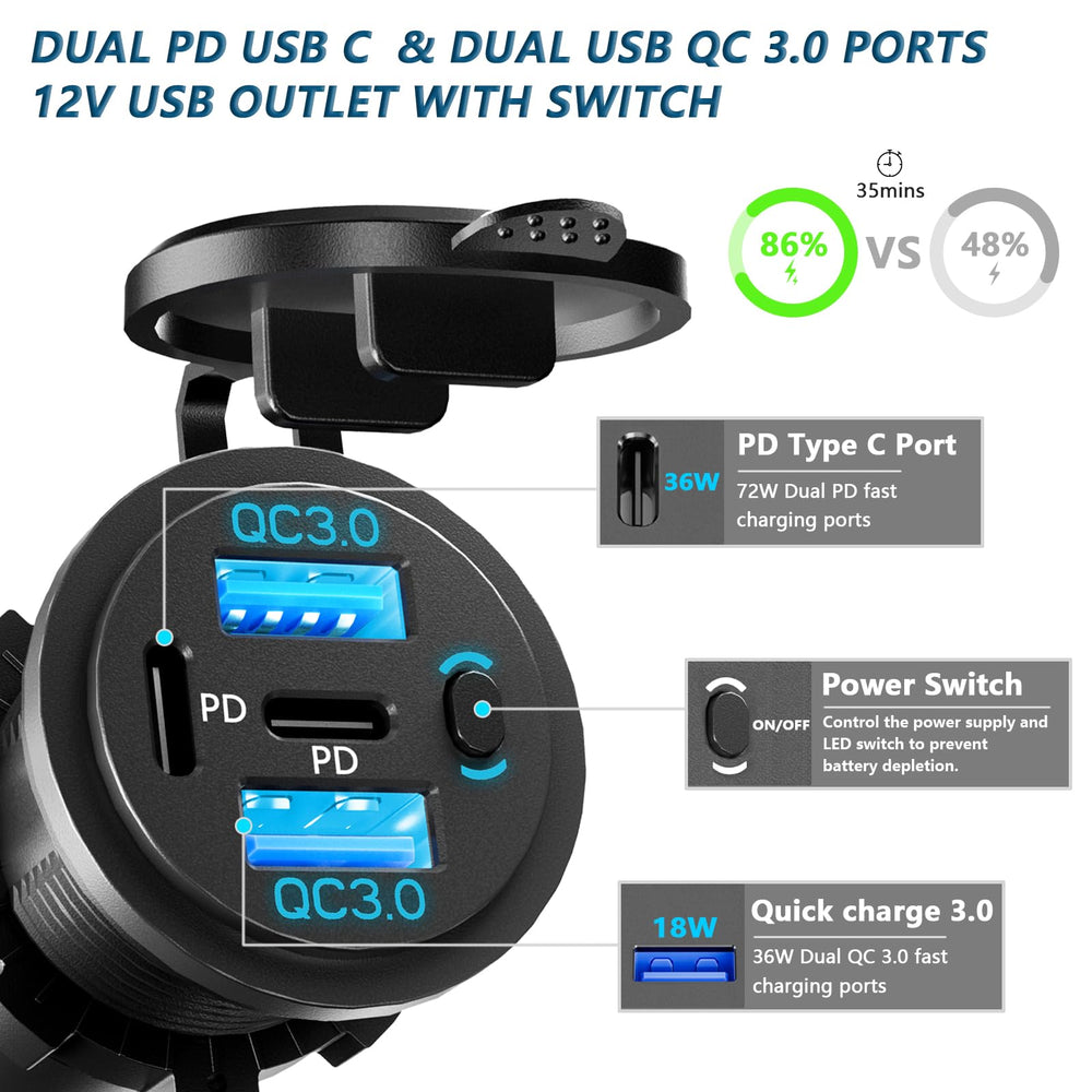 VANONE closeup of USB-C and USB-A ports showing fast-charge labels and clear port layout