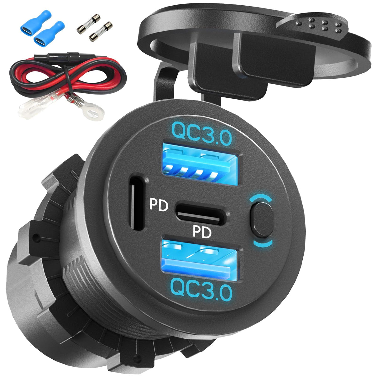 VANONE front panel view showing four charging ports and switch for neat installation benefits