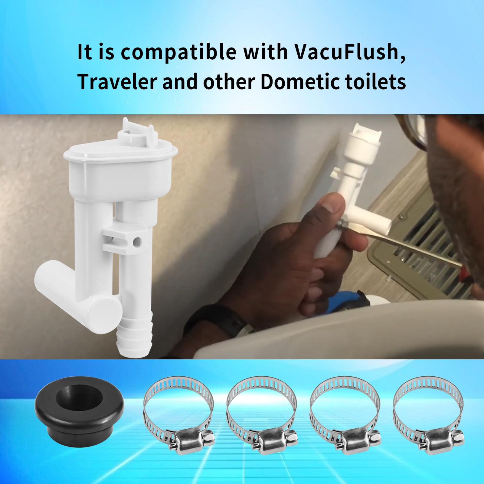Vanshly vacuum breaker installed in a Dometic toilet showing restored function benefit