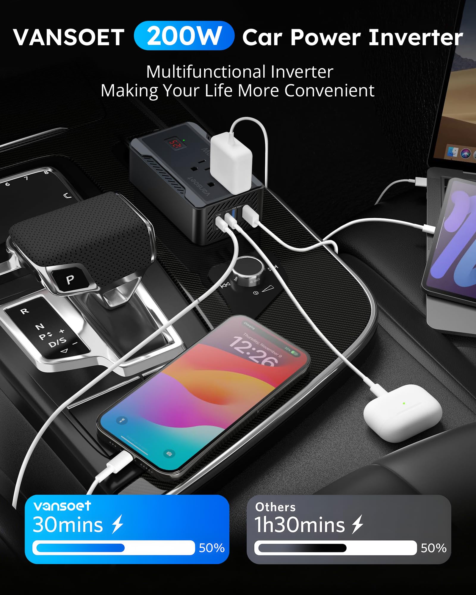 vansoet charging laptop and phone simultaneously demonstrating multi-device convenience