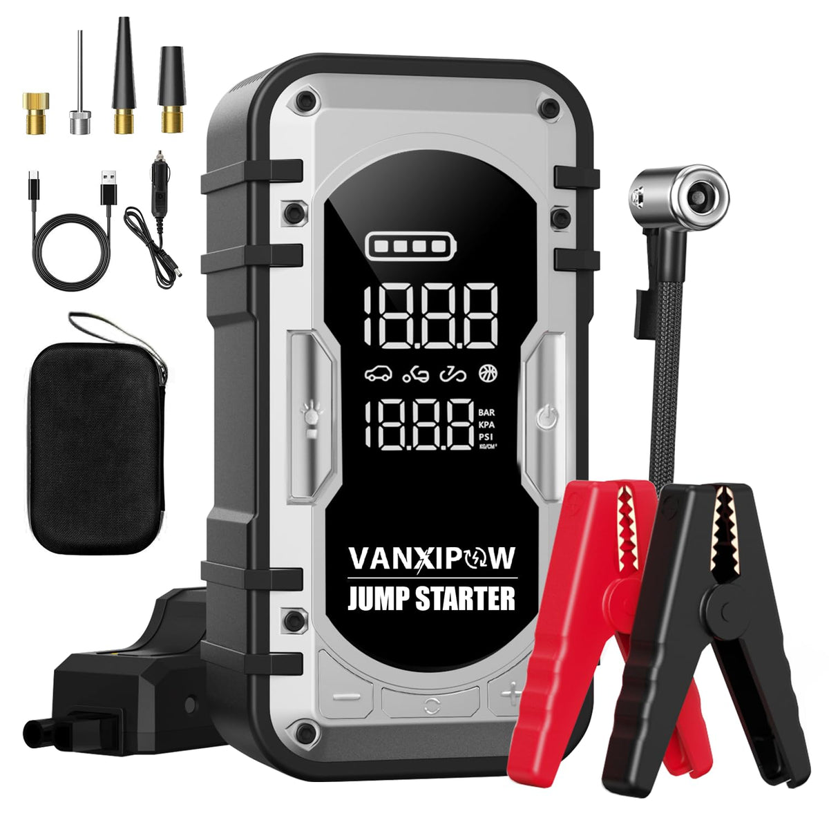 VANXIPOW front view showing jump starter and ports for fast roadside starts