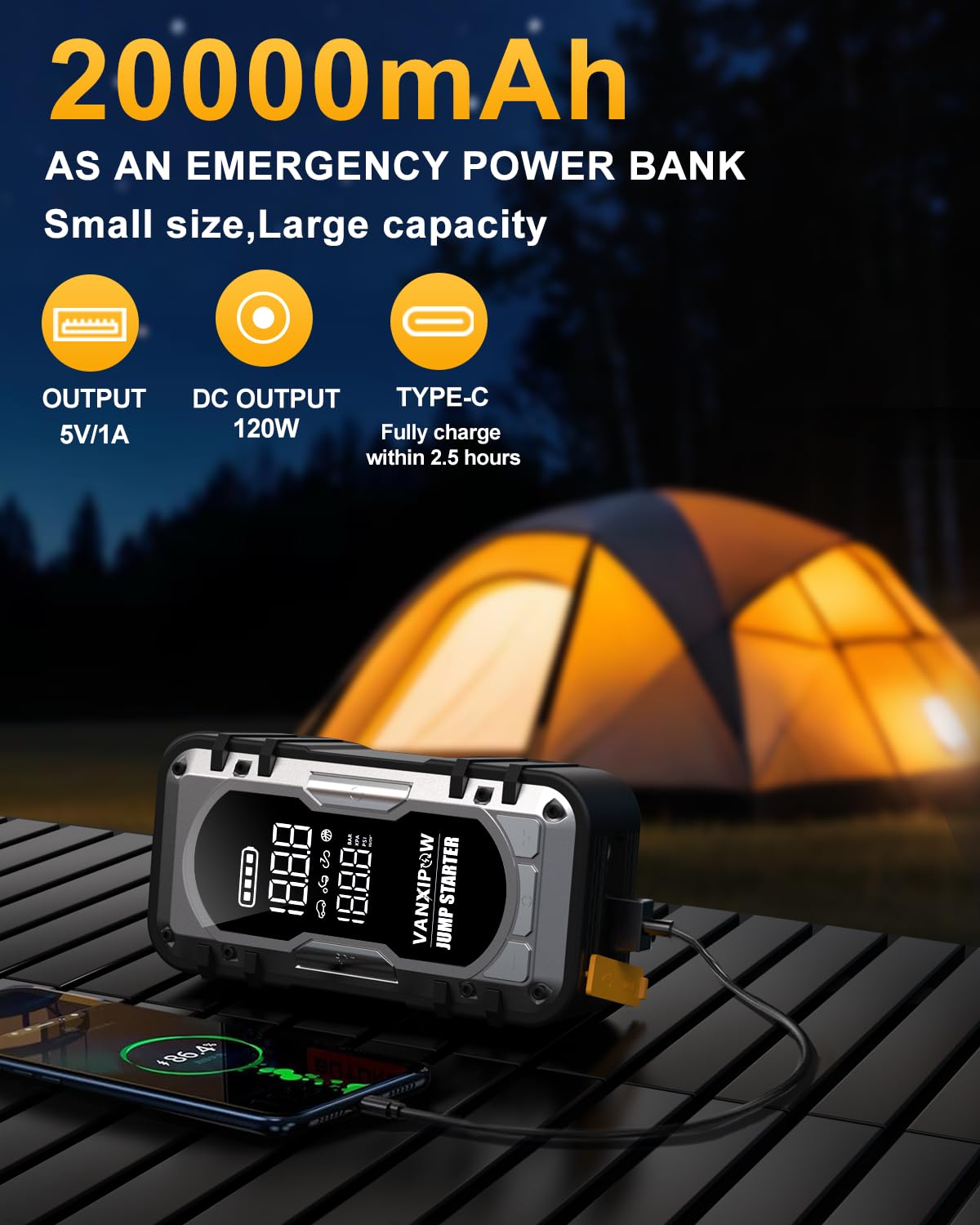 VANXIPOW jump starter in use beside car demonstrating emergency readiness