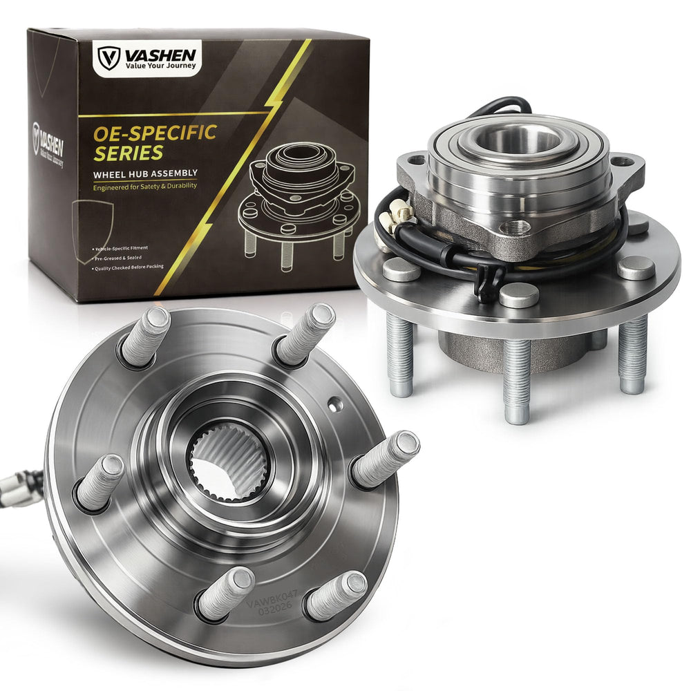 VASHEN front hub assembly pair in packaging showing both units and benefit of ready-to-install reliability