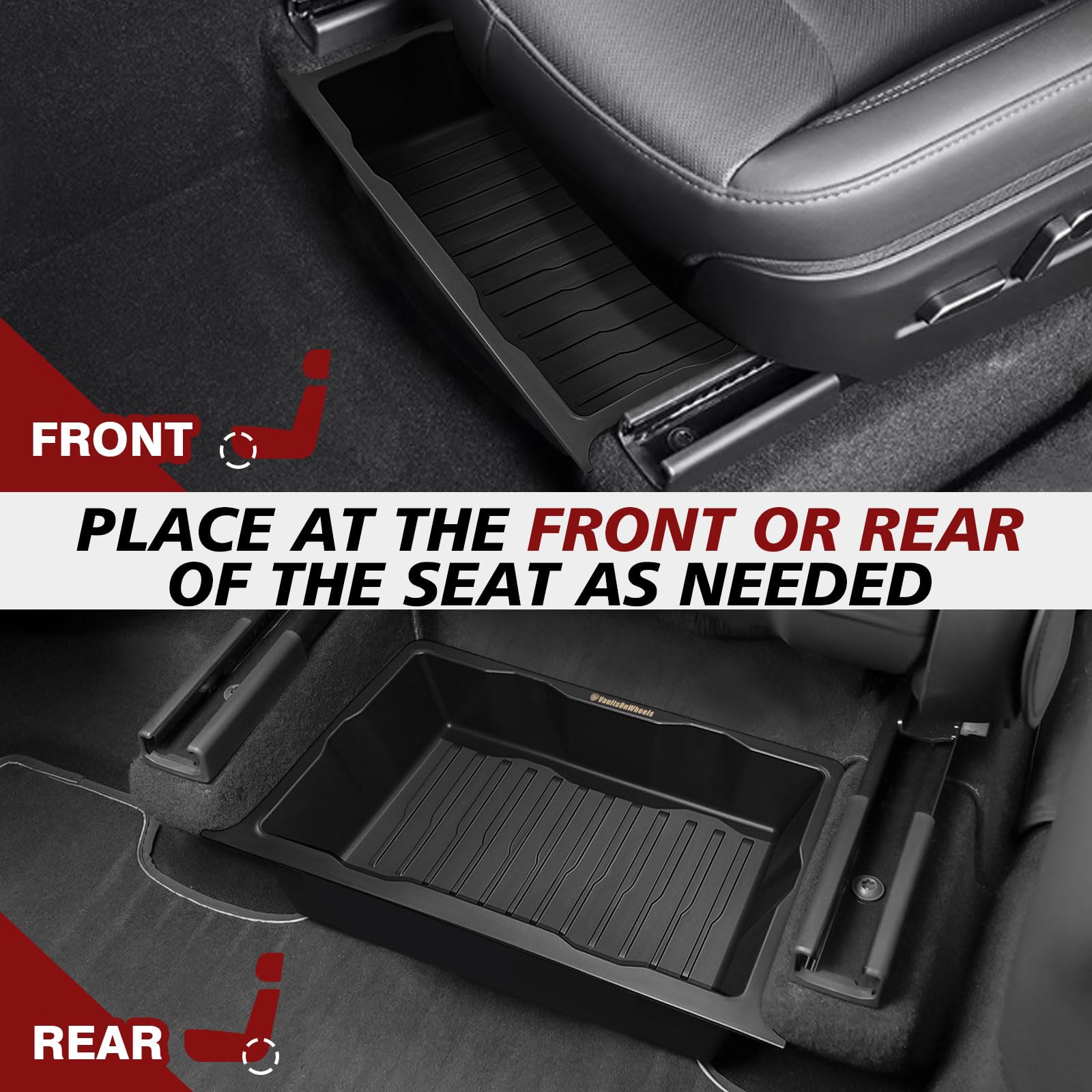 VaultsOnWheels installed under passenger seat demonstrating secure, out-of-sight storage