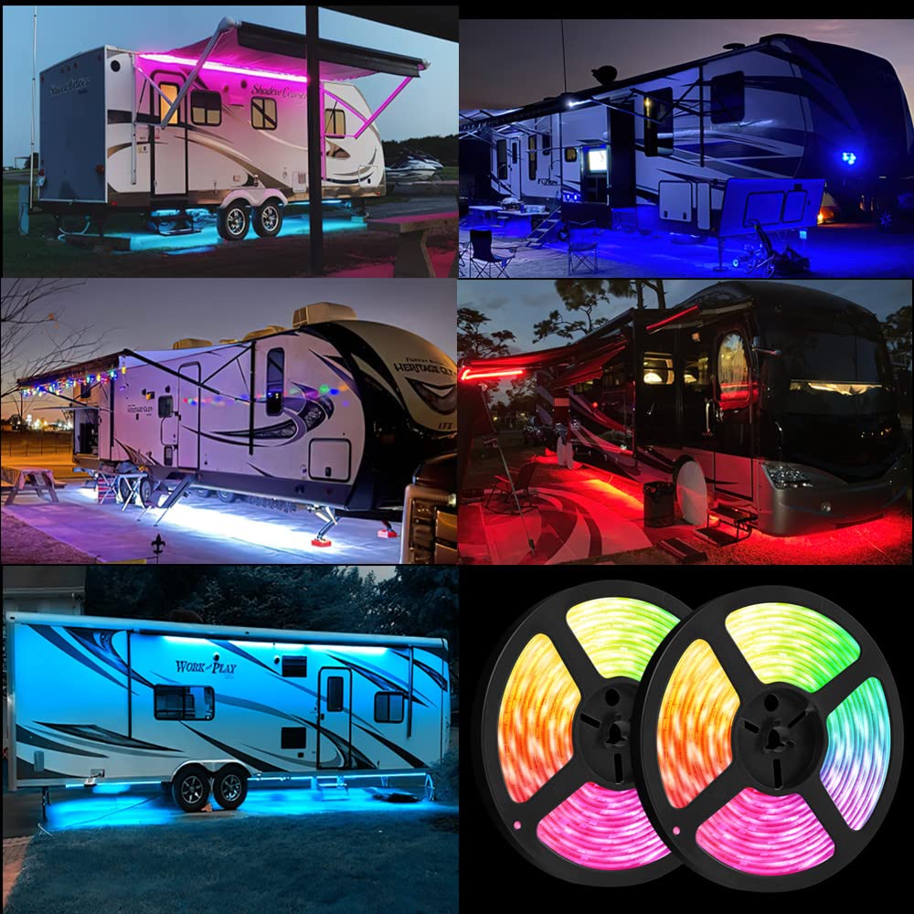 Vbakor RV awning lights at night creating lively music synced ambiance