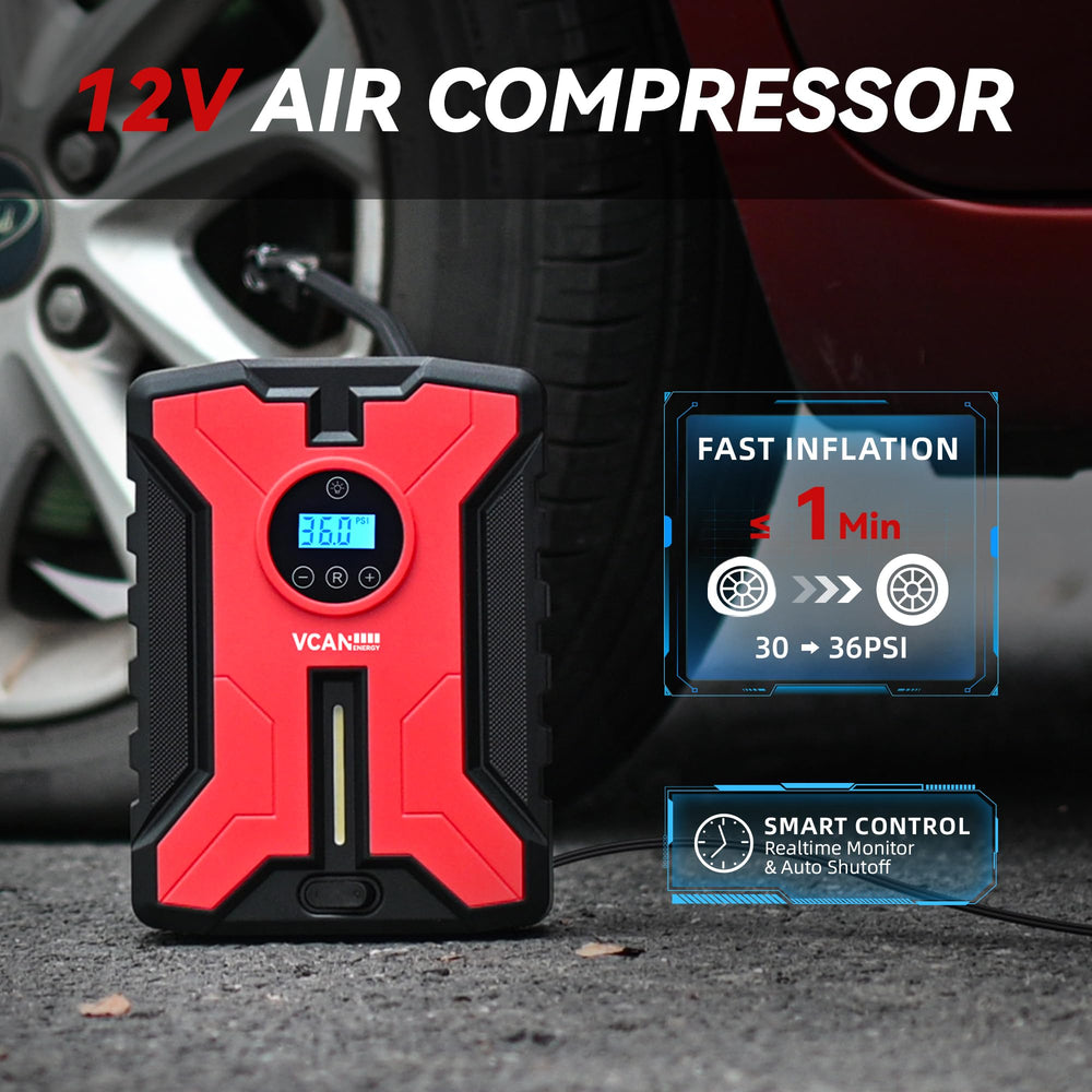 VCANENERGY digital inflator close-up with display and LED light for fast, accurate inflation