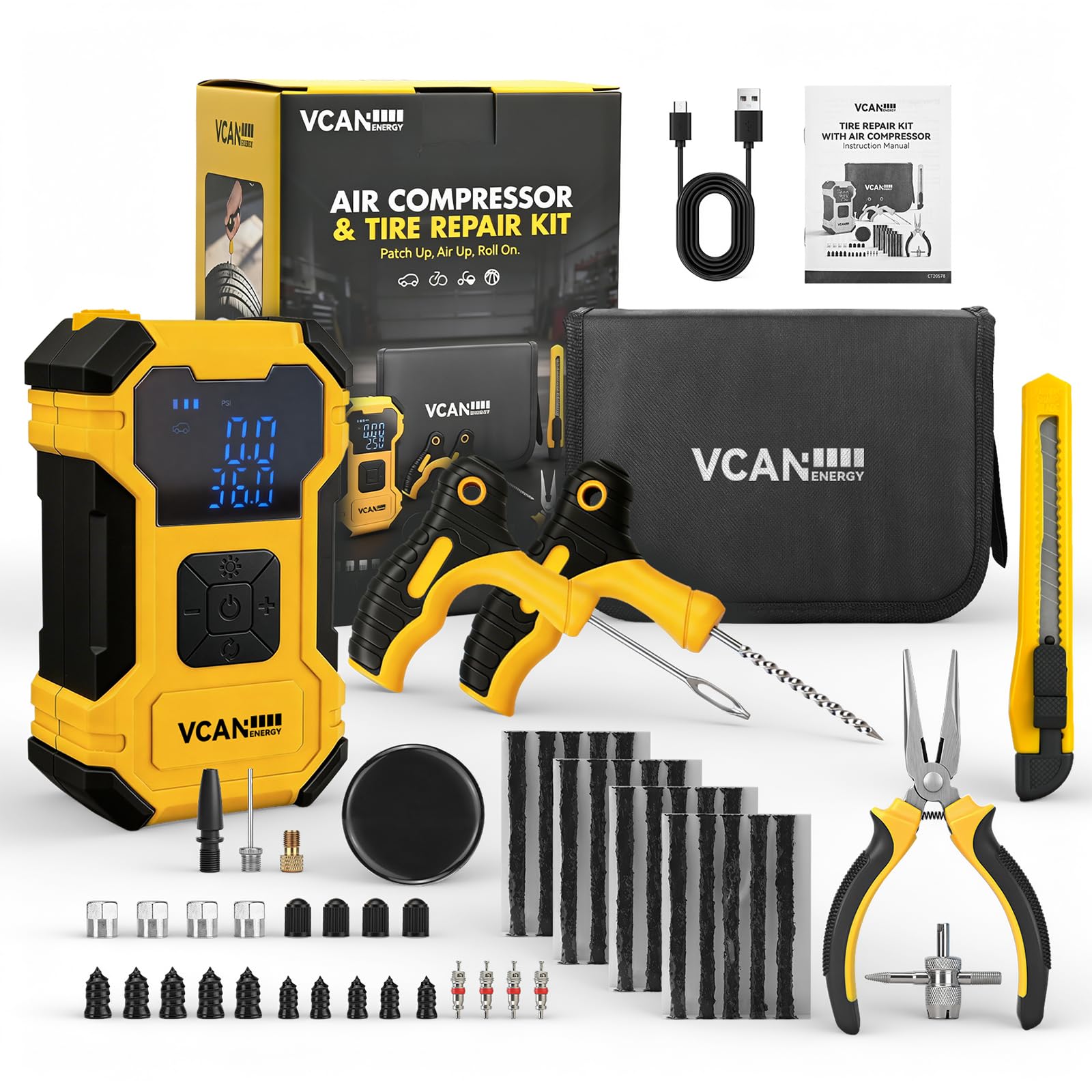 VCANENERGY kit front view showing organized case and components, easy roadside readiness