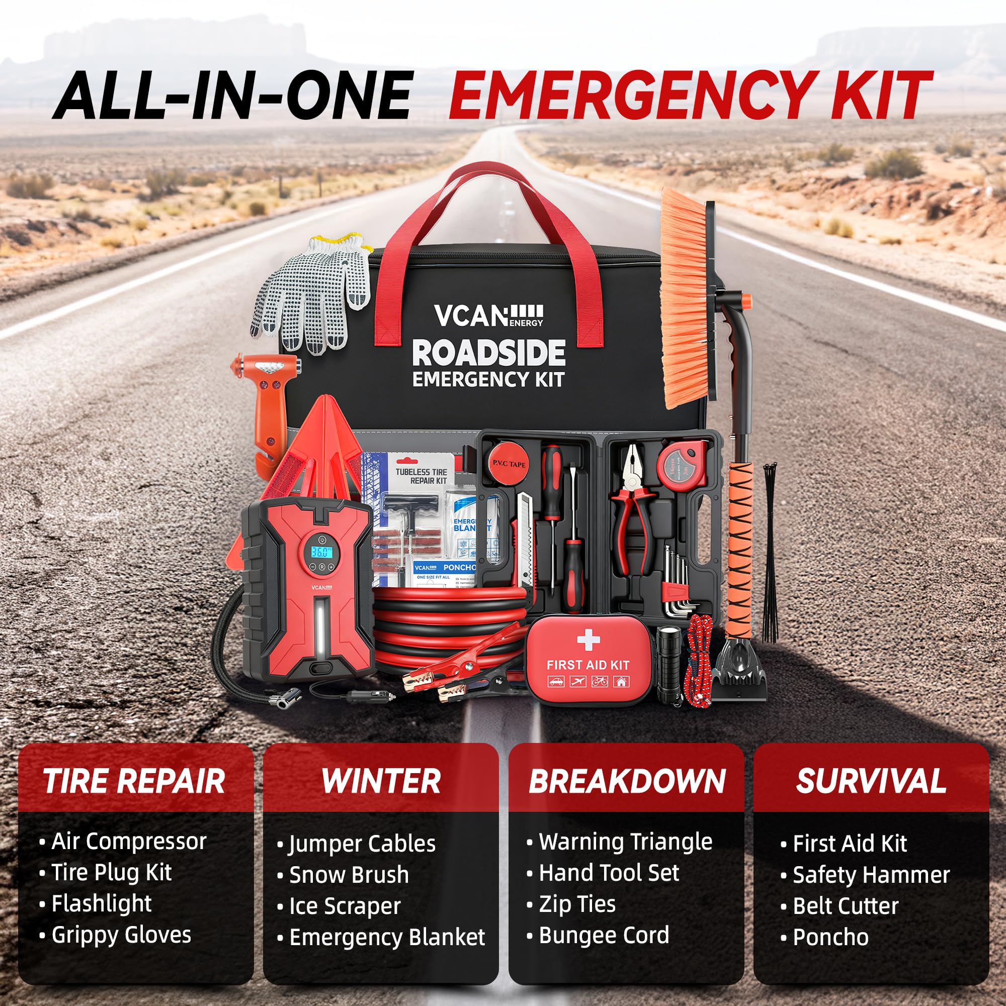 VCANENERGY interior bag view with labeled pockets for quick access to emergency items