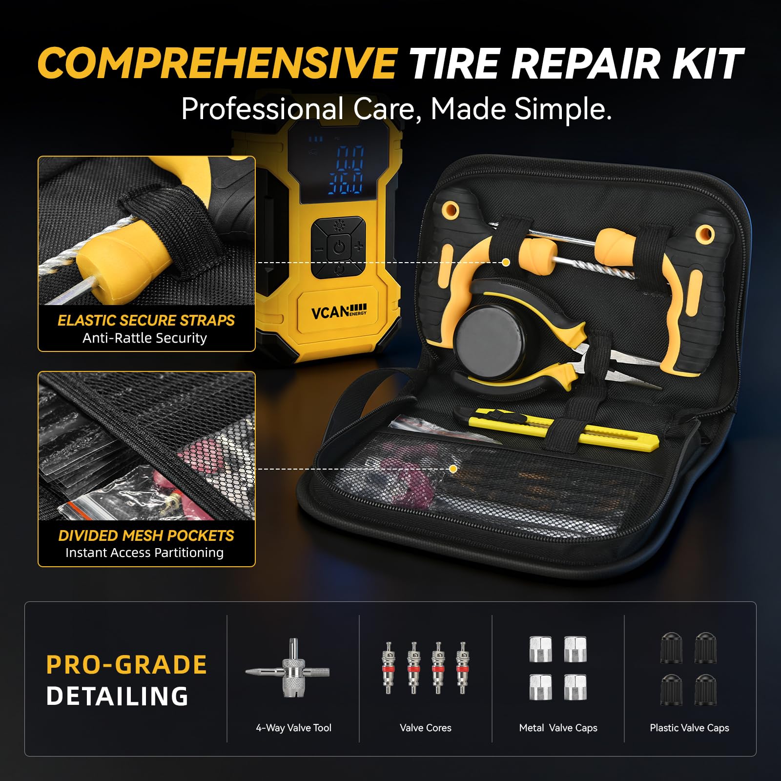 VCANENERGY plug insertion demo on tire tread, step-by-step easy repair benefit
