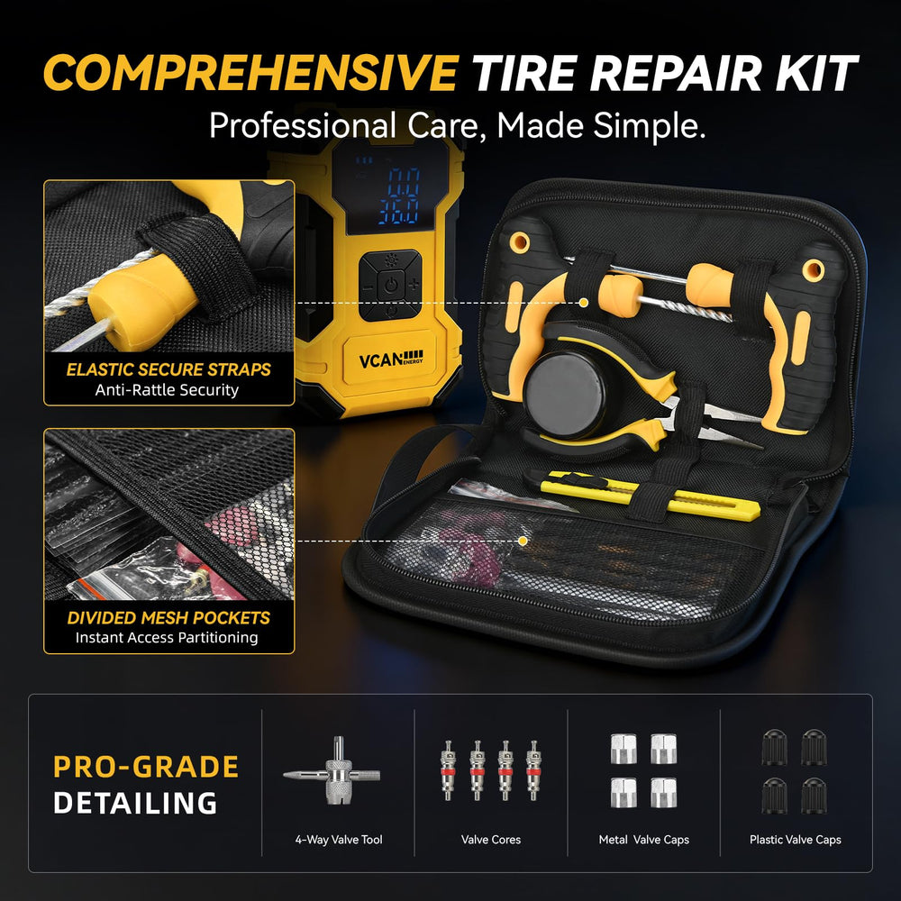 VCANENERGY plug insertion demo on tire tread, step-by-step easy repair benefit