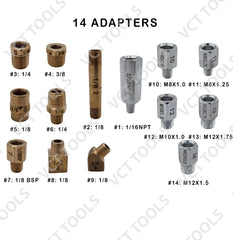VCT adapter set layout with 14 threaded fittings offering broad vehicle compatibility and leak-free connections