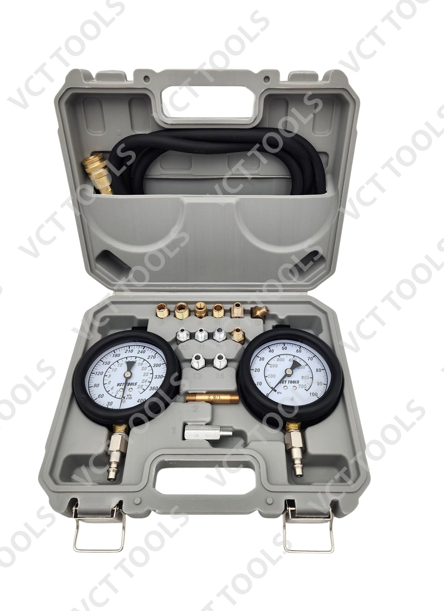 VCT dual pressure gauges closeup with clear faces providing accurate, easy-to-read diagnostic results