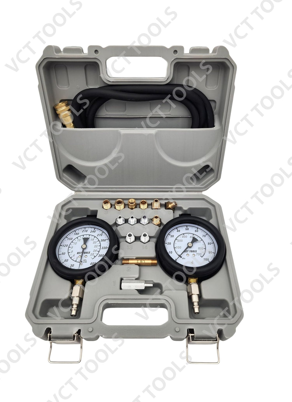 VCT dual pressure gauges closeup with clear faces providing accurate, easy-to-read diagnostic results