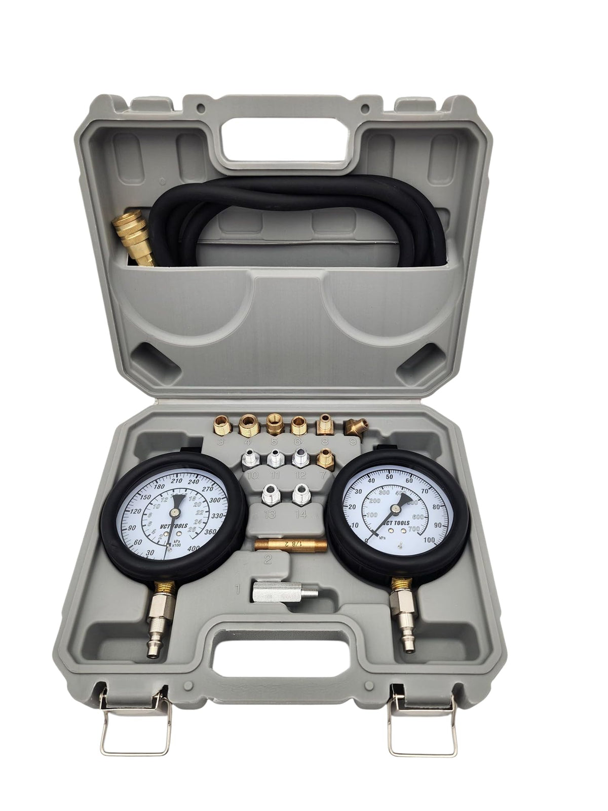 VCT kit front packaging showing complete oil pressure tester set and accessories for quick identification and convenience