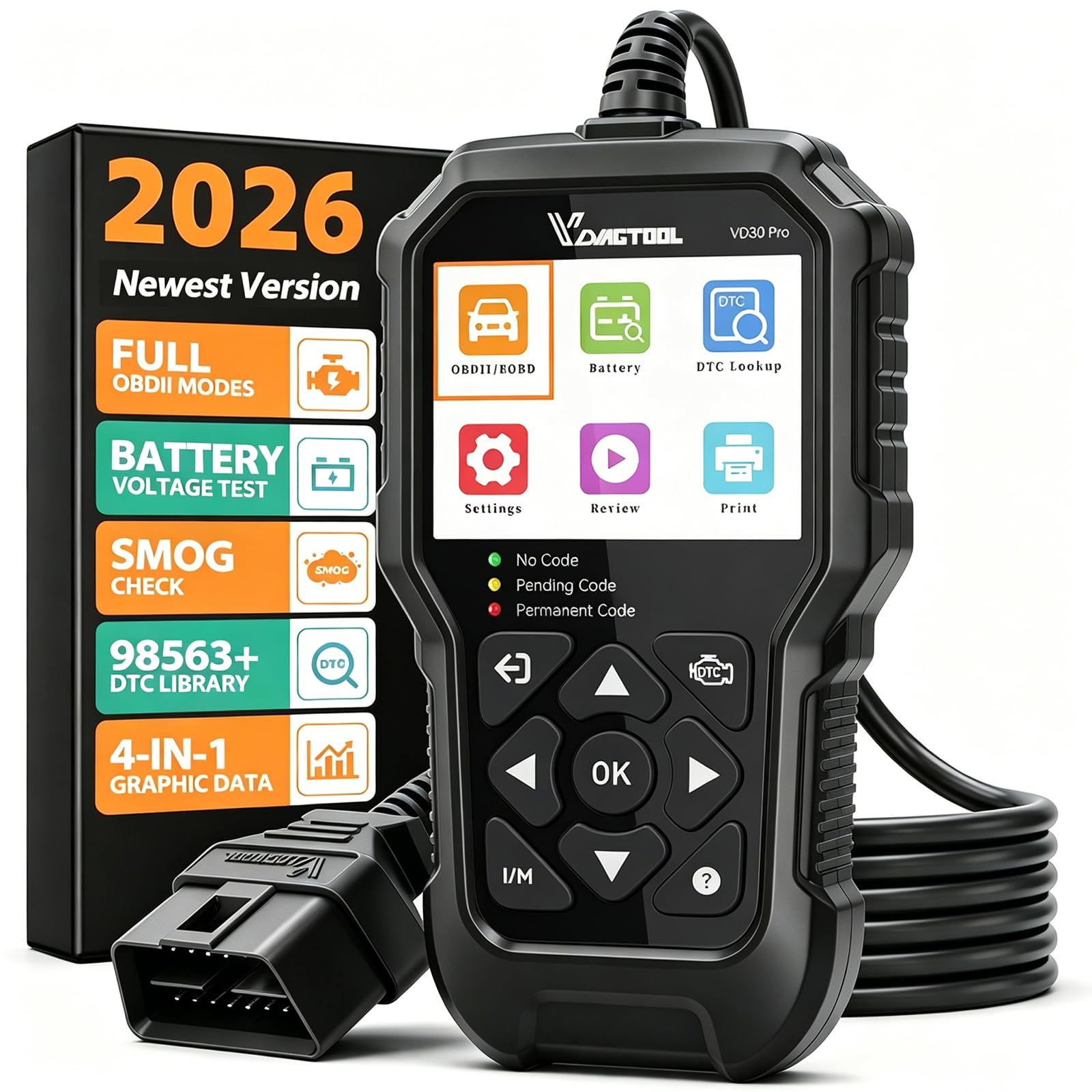 VDIAGTOOL VD30 Pro front panel showing clear screen and menu