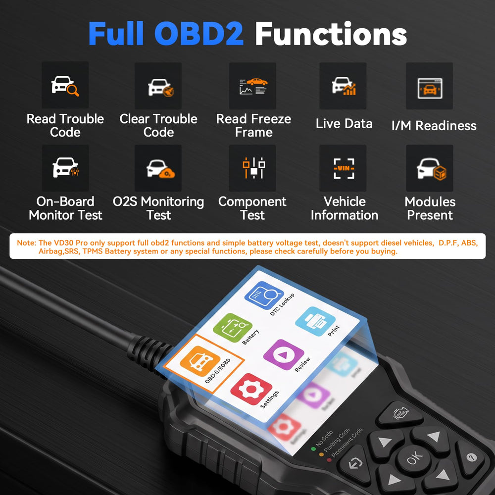 VDIAGTOOL VD30 Pro OBD connector plugged in for quick diagnostics