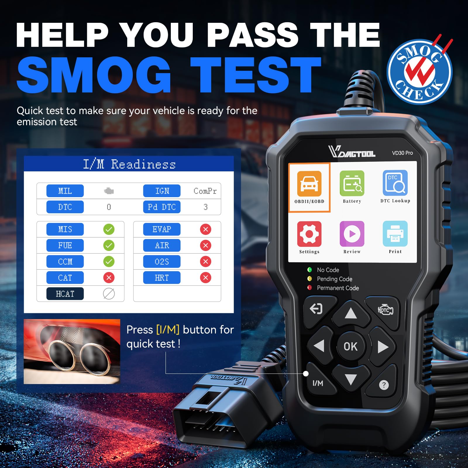VDIAGTOOL VD30 Pro connected to vehicle OBDII port for scanning