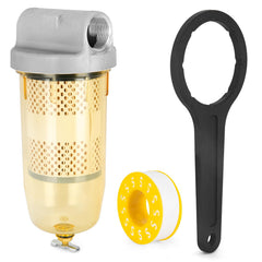 VECKYJL front view of 496 fuel filter assembly showing compact, durable construction and ports