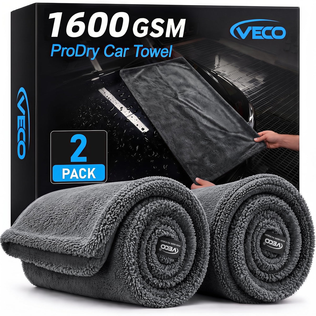 Veco folded towel front view showing large coverage and quick drying benefit