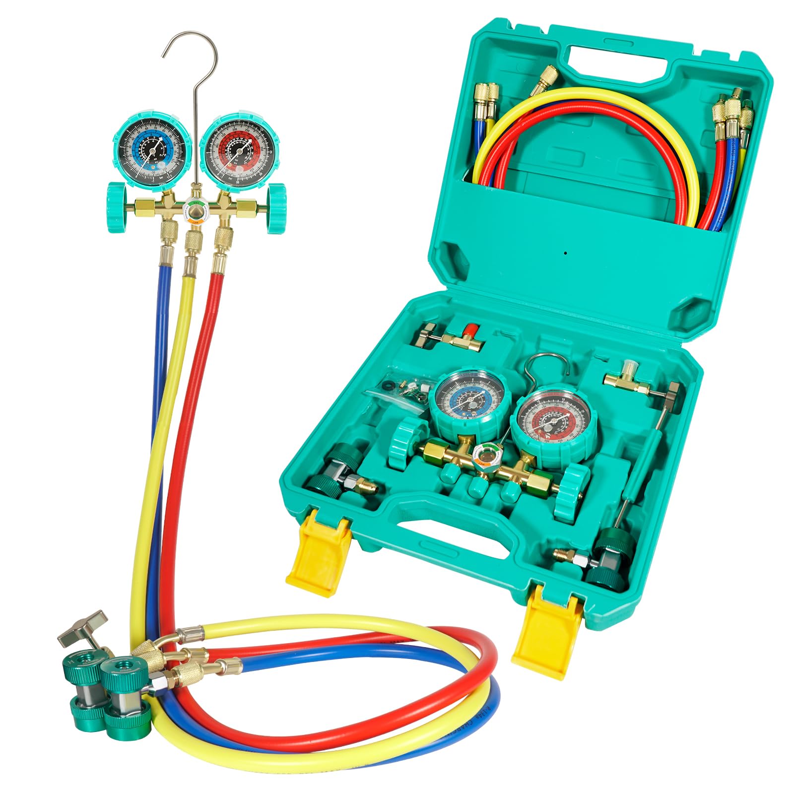 VECOTOOLS front view of manifold gauge kit showing compact layout and portability benefit