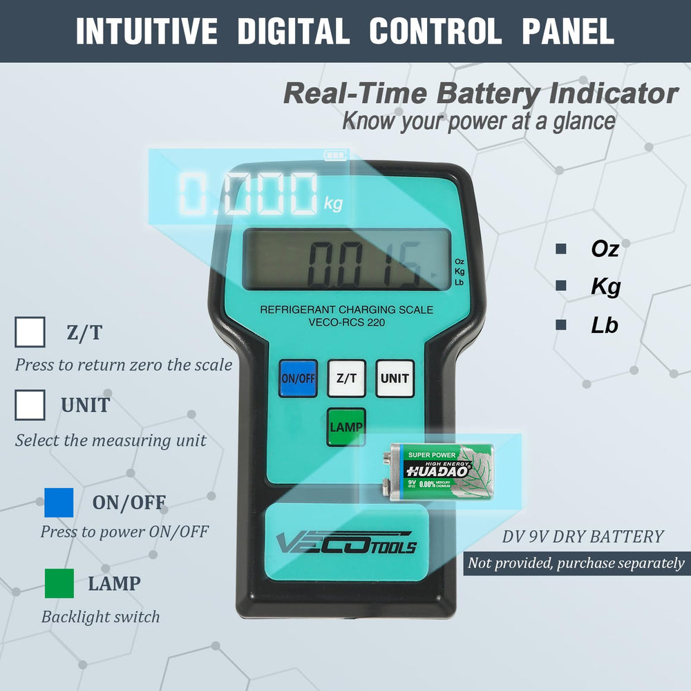 VECOTOOLS scale supporting a refrigerant tank for stable accurate weighing