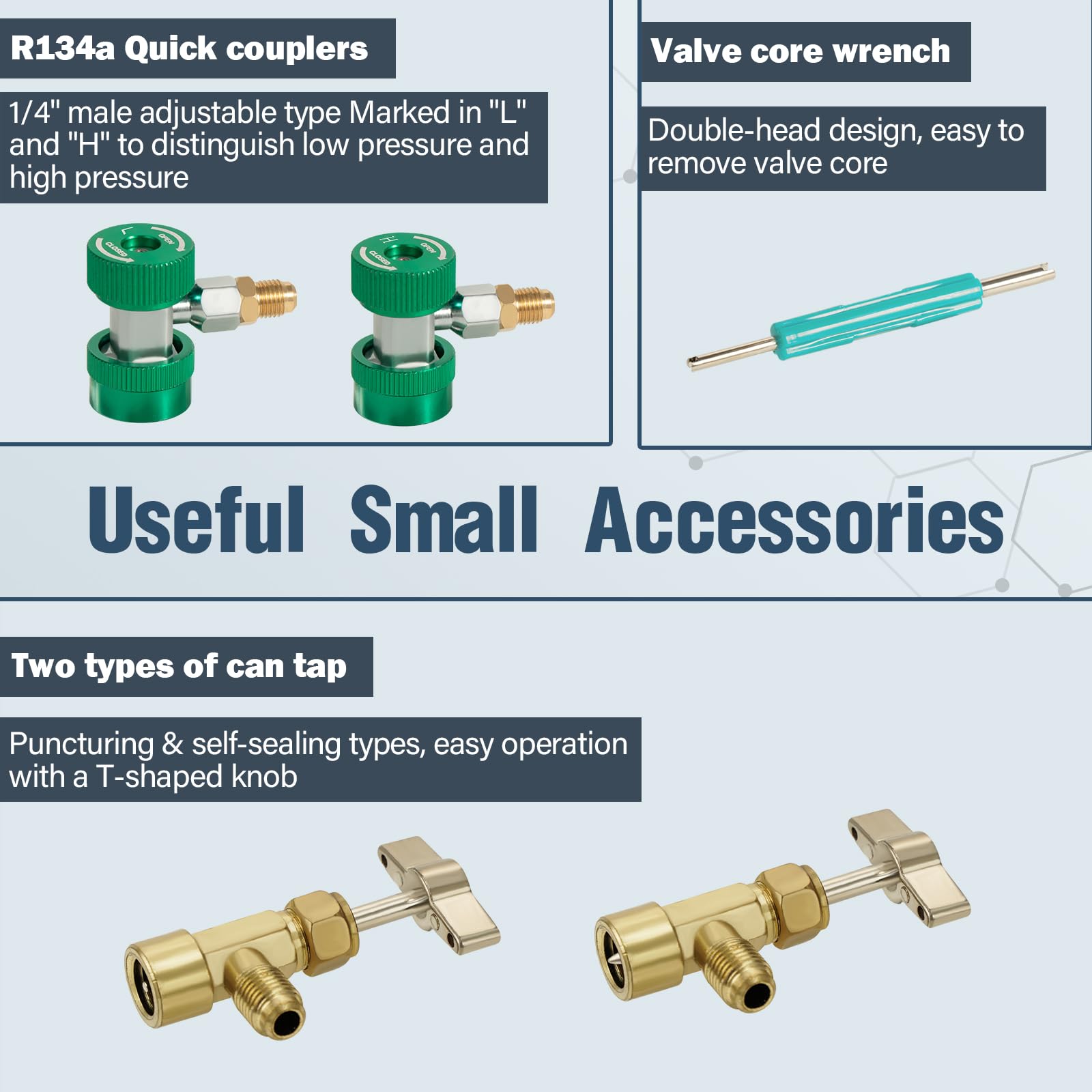 VECOTOOLS accessory set with quick couplers taps and valve core tool for efficient servicing
