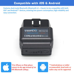 Veepeak paired with smartphone app showing fast Bluetooth connection benefit