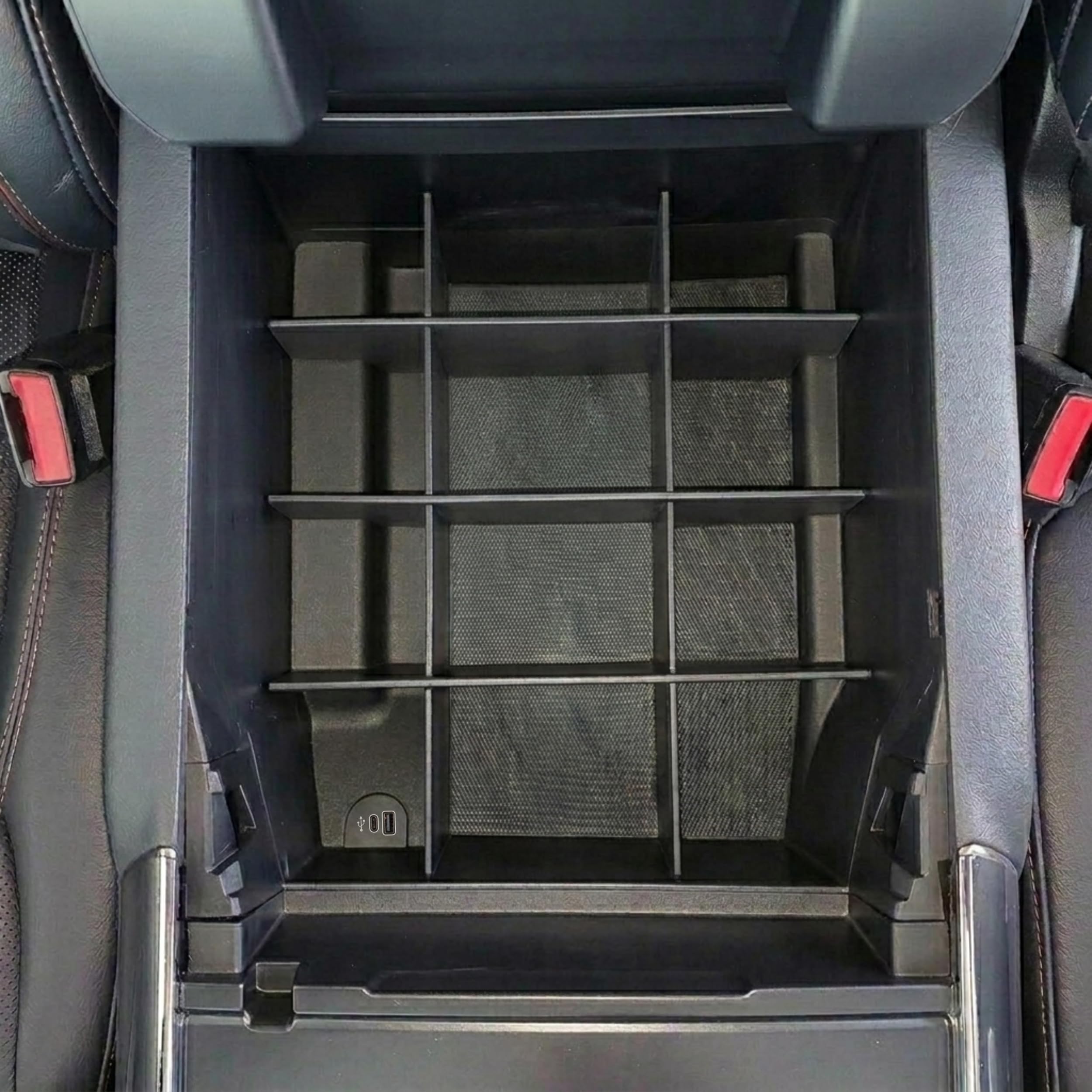 Vehicle OCD installed in Ford F150 console top-down view showing organized storage benefit