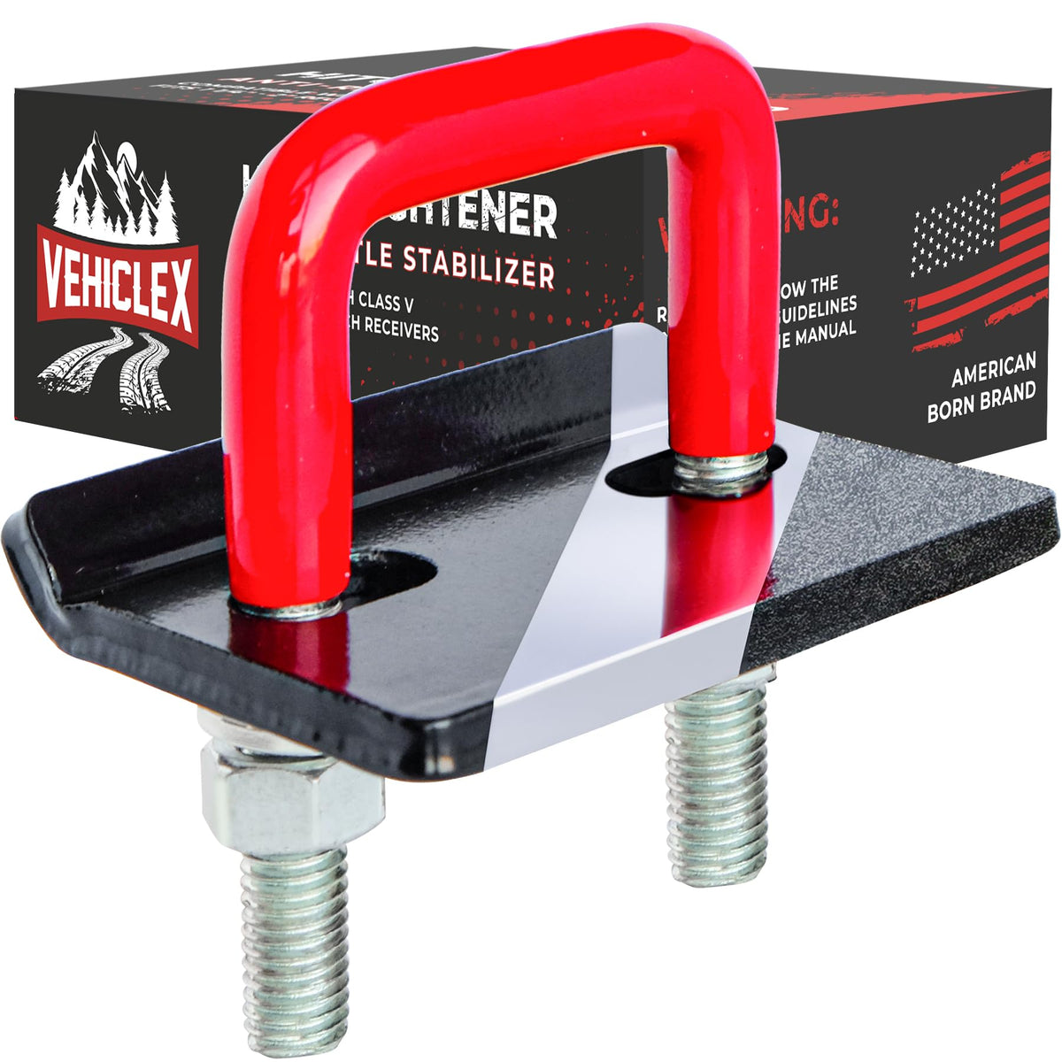 Vehiclex front view of hitch tightener clamp showing fit and compact design for secure towing