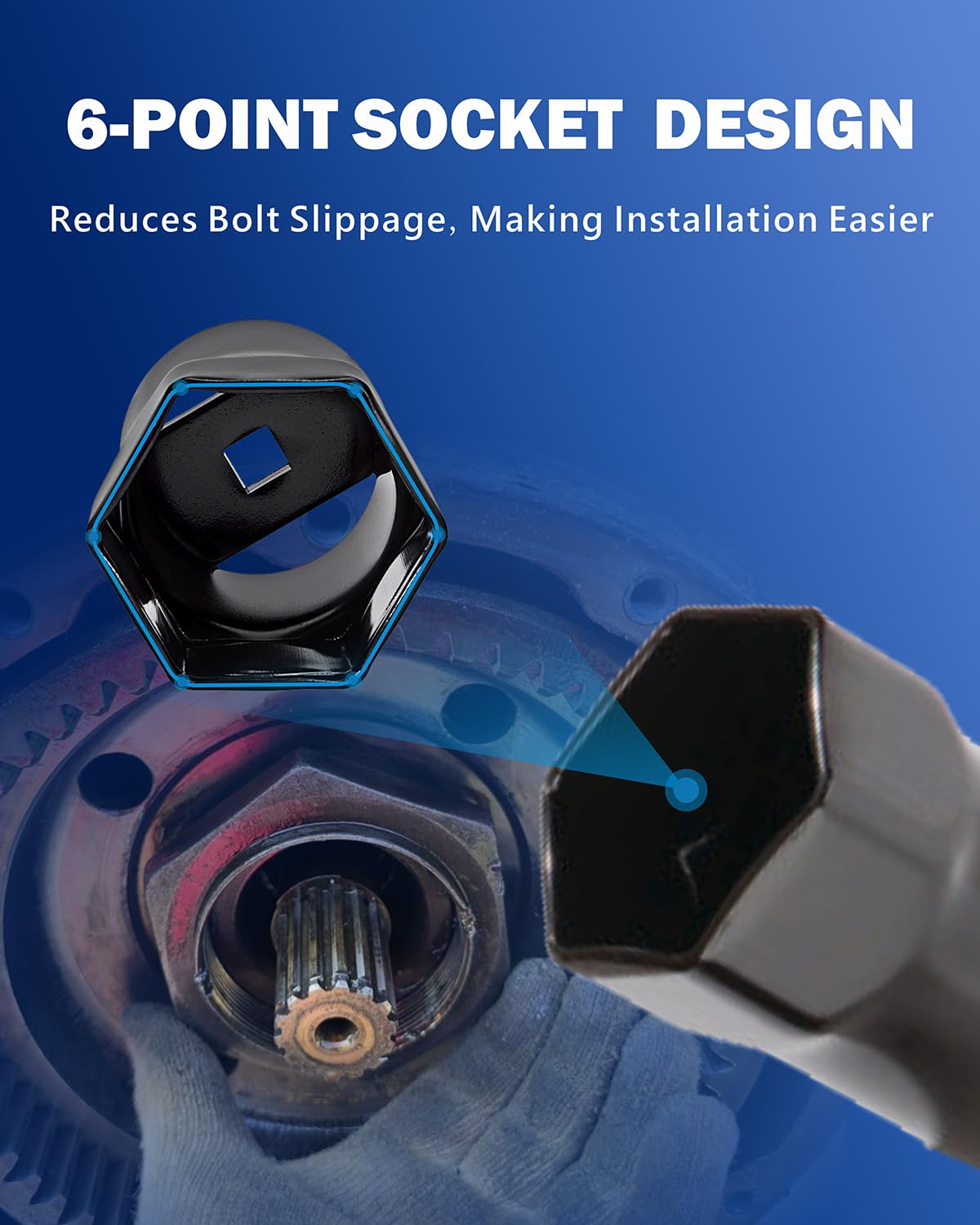 VEHIRETL socket mounted on Ford axle nut demonstrating correct in-use fit and efficient removal