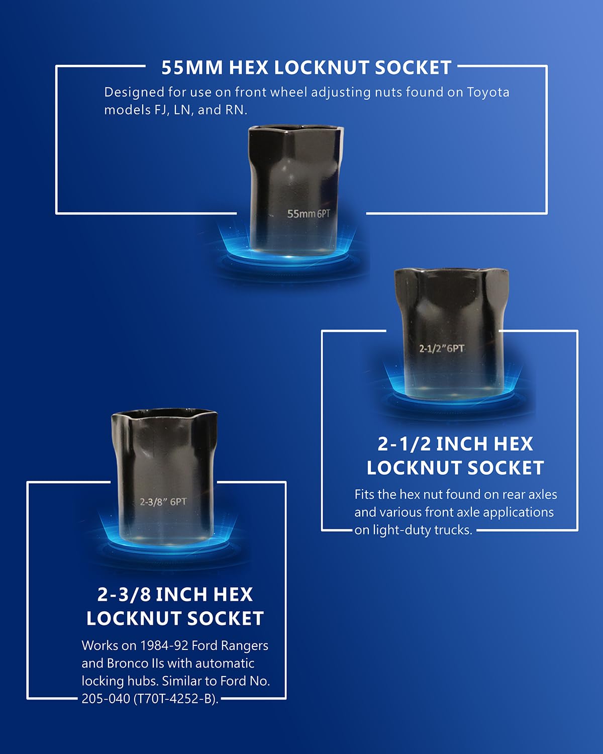 VEHIRETL sockets next to ruler for scale helping buyers confirm size fit for their vehicle hub