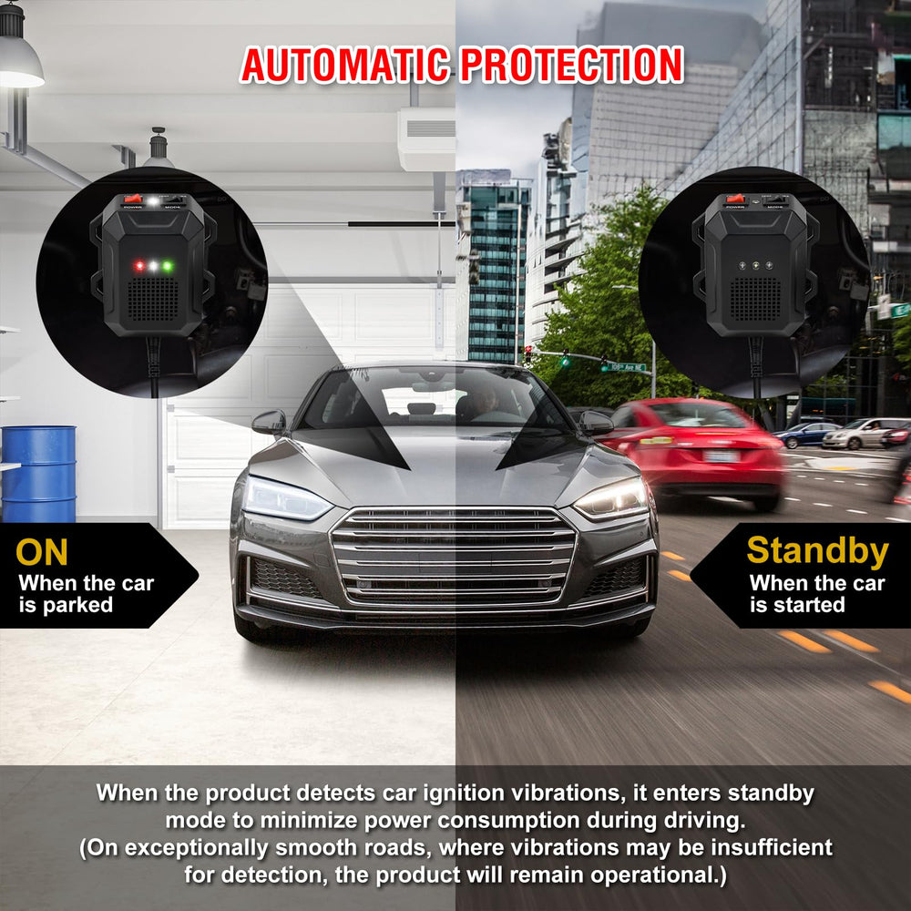 Vekibee lifestyle shot with parked vehicle showing practical deterrent use