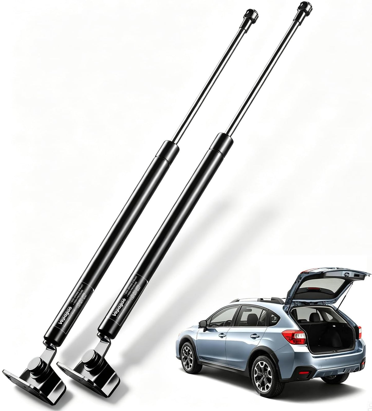 Vepagoo front packaging showing both replacement hatch struts and benefit of direct fit