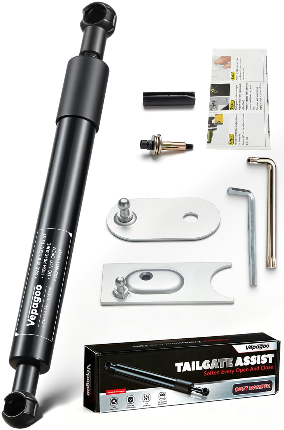 Vepagoo front packaging showing complete tailgate assist kit and benefits