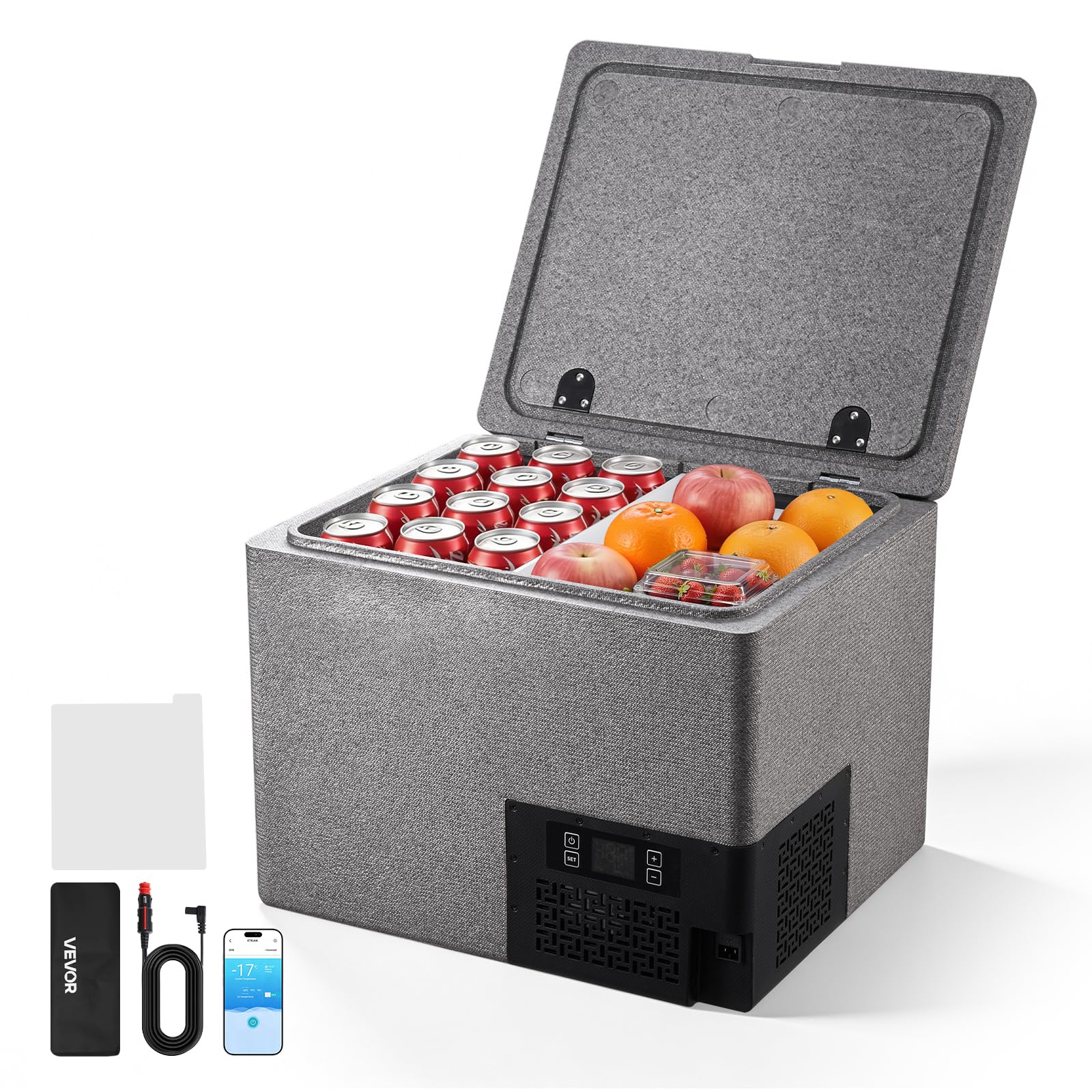 VEVOR front view showing compact fridge and quick-access lid for travel convenience
