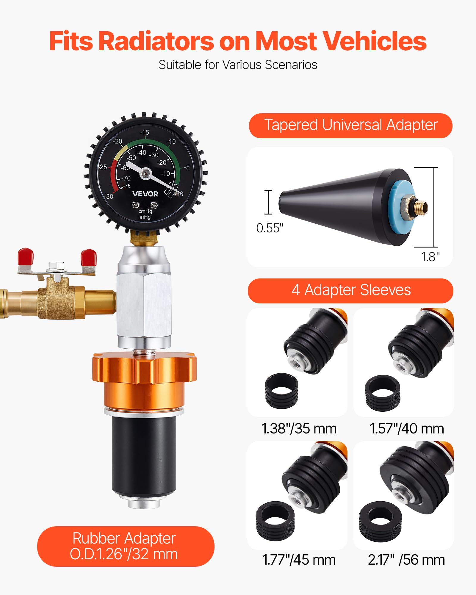 VEVOR assortment of radiator adapters demonstrating universal fit for many vehicle necks