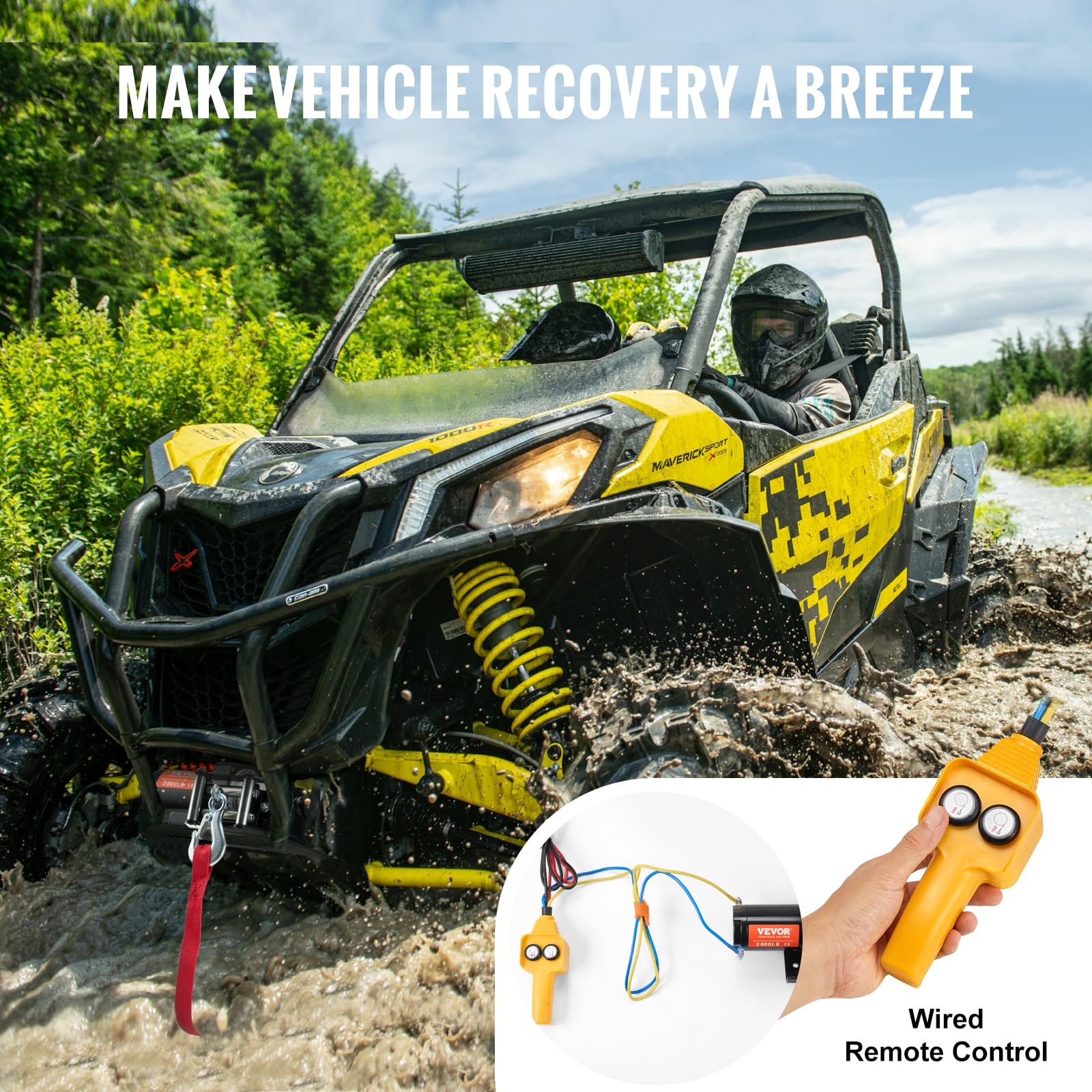 VEVOR winch mounted on UTV front bumper demonstrating practical recovery setup
