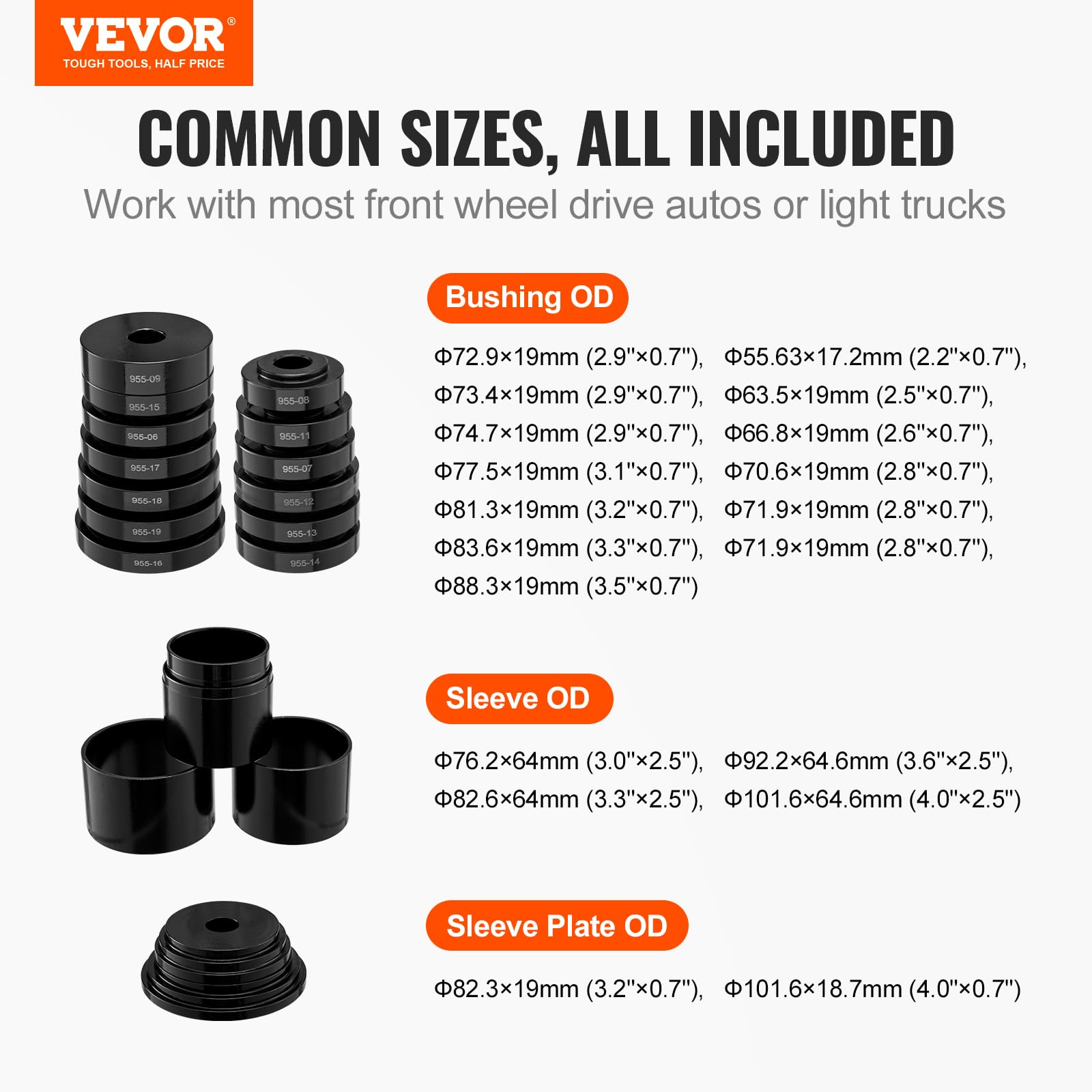 VEVOR laid-out components showing bushings sleeves and plates for quick selection