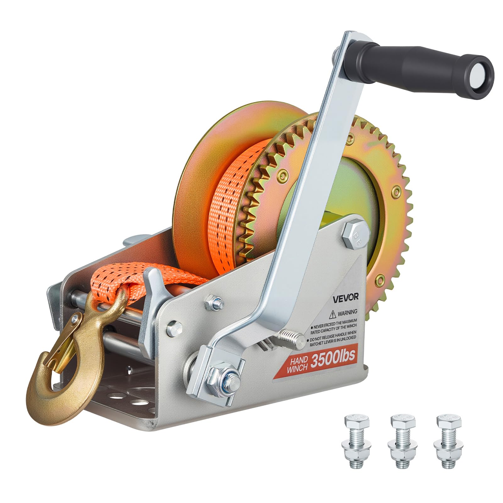 VEVOR front view of winch showing base and strap, durable mounting benefit