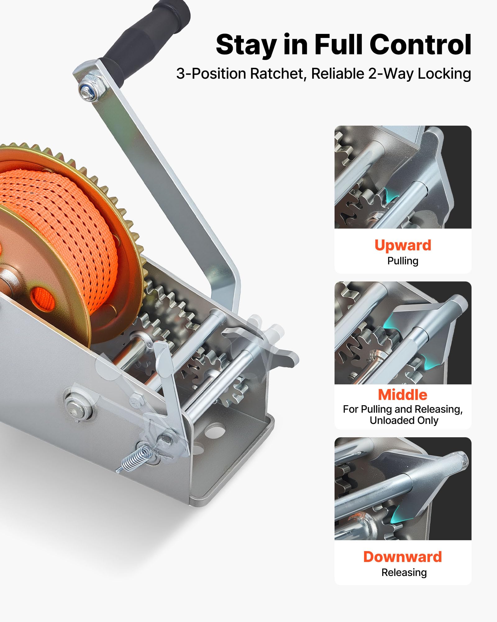 VEVOR detailed shot of gears and pawl showing heat-treated strength benefit